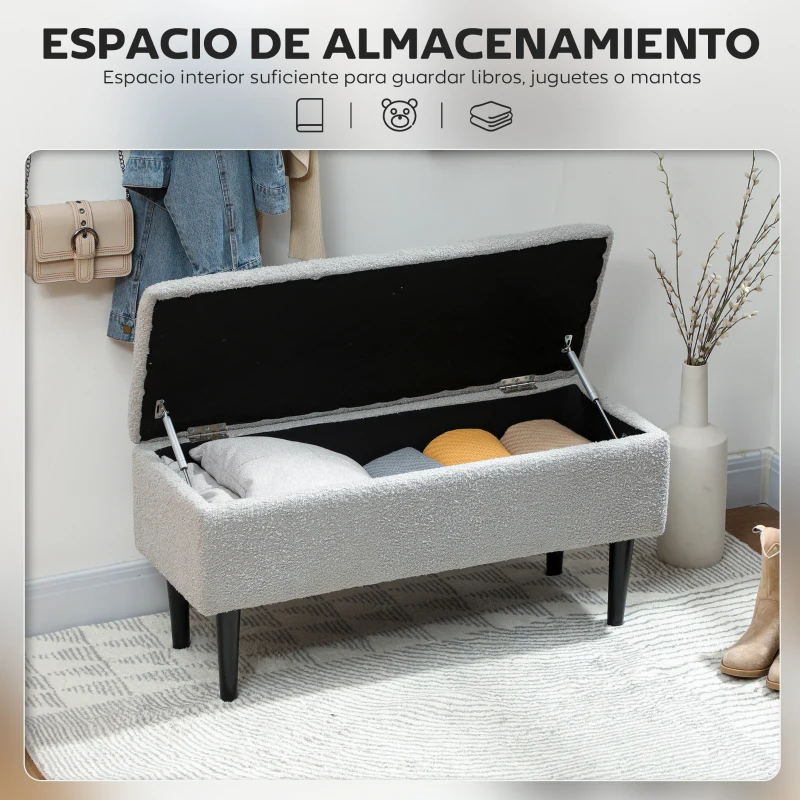 HOMCOM Banco Almacenaje Plegable Capacidad de 57 L 95x38x45 cm Tapizado en Borreguito Pie de Cama para Salón Dormitorio Gris