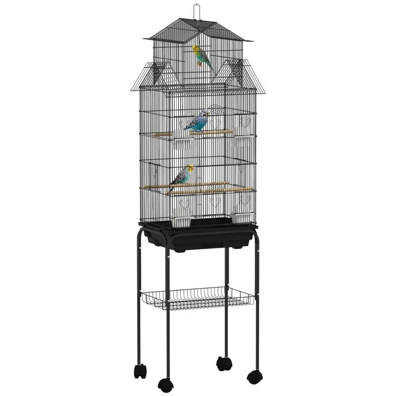 PawHut Cage à oiseaux sur pied, volière sur roulettes avec balançoire, support, design maison, 50,5 x 41 x 163 cm en acier noir