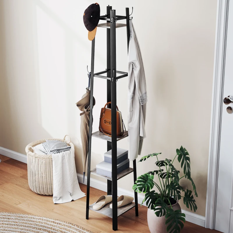 HOMCOM Industrial-Style Four Shelf Coat Stand - Grey/Black