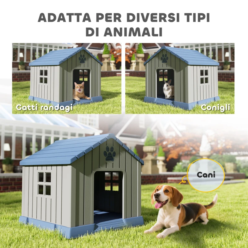 PawHut Casetta per Cani Taglia Media da Esterno Impermeabile con Base Rialzata e Finestre, 85x79x82 cm, Grigio