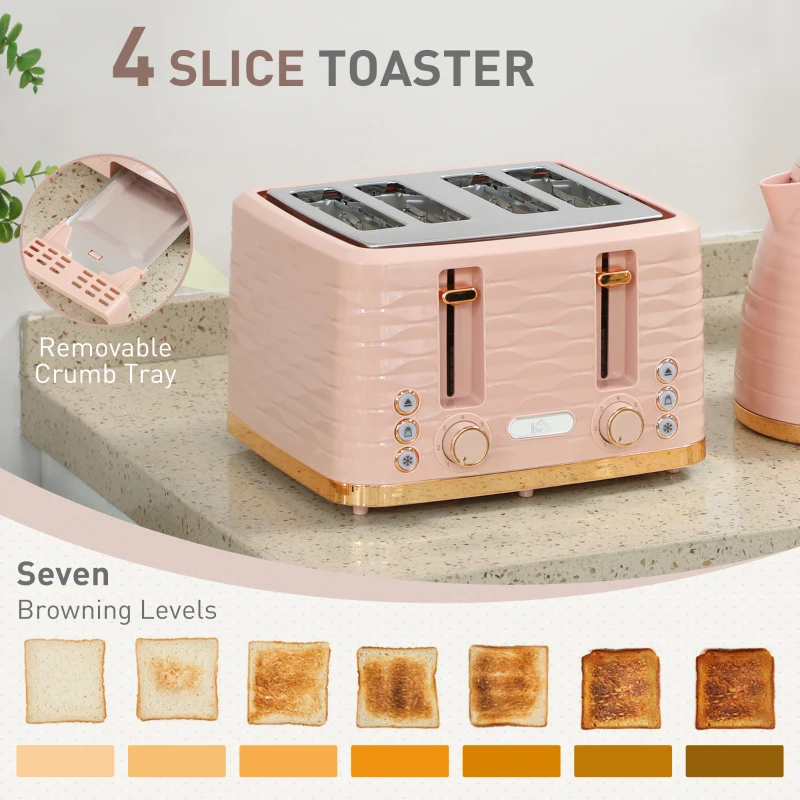 HOMCOM 3000W 1.7L Kettle & 4 Slice Toaster, Kettle and Toaster Set with 7 Browning Controls and Crumb Tray, Light Pink