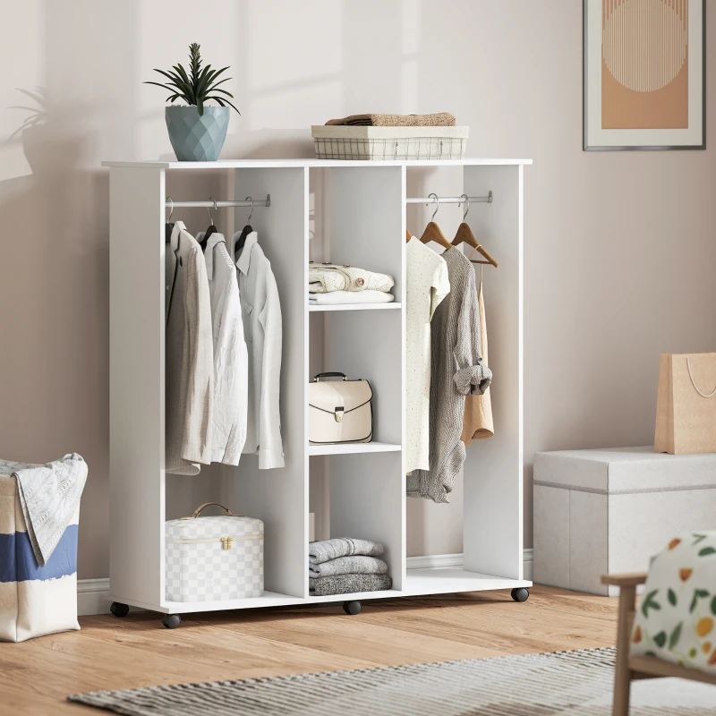 HOMCOM Doppelschrank-Garderobe mobiler Aufbewahrungsschrank 6 Rollen 120 x 40 x 128 cm aus Holz Weiß
