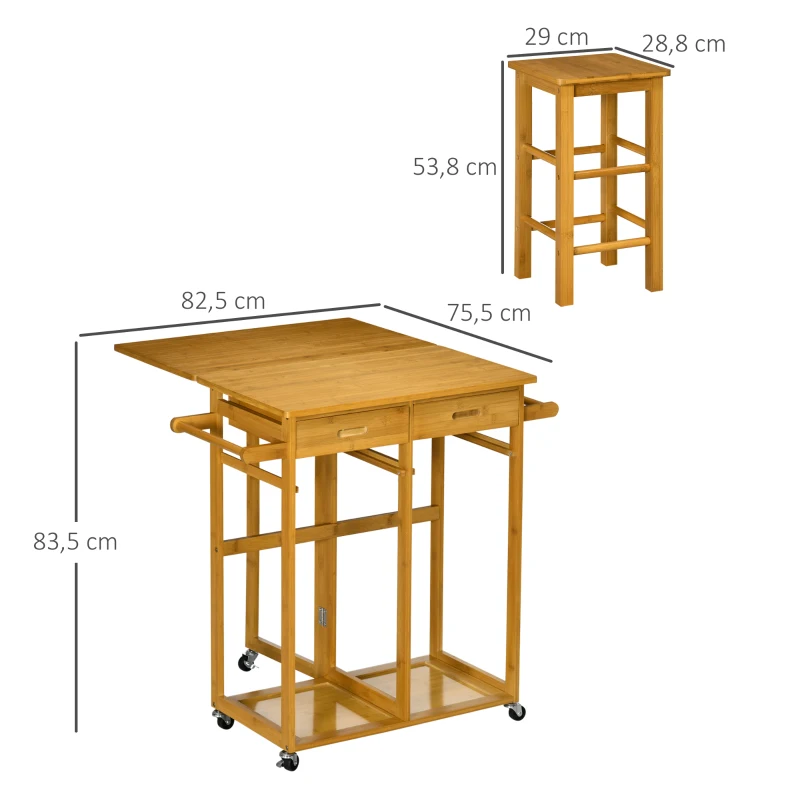 HOMCOM Ensemble Table de Bar Haute et 2 Tabourets avec Roulettes Table Pliante de Cuisine avec Tabourets 82,5x75,5x83,5 cm Marron