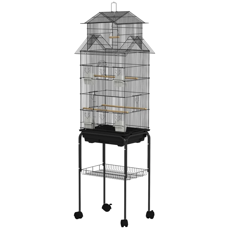 PawHut Cage à oiseaux sur pied, volière sur roulettes avec balançoire, support, design maison, 50,5 x 41 x 163 cm en acier noir