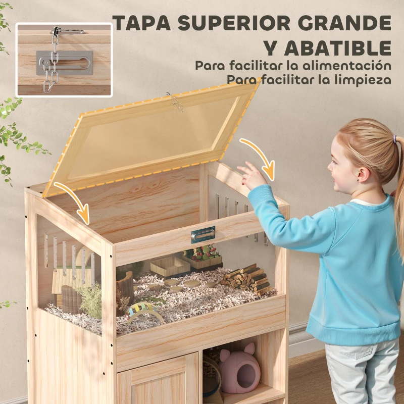 PawHut Jaula para Hámster con Espacio de Almacenaje Paneles Acrílicos Visibles Estante Ajustable 60x40x82,5 cm Natural