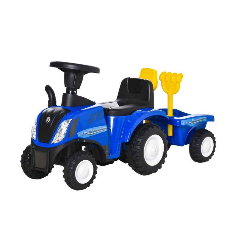 HOMCOM Porteur tracteur enfants avec coffre amovible, râteau et pelle, voiture enfants avec lumière LED et klaxon, bleu