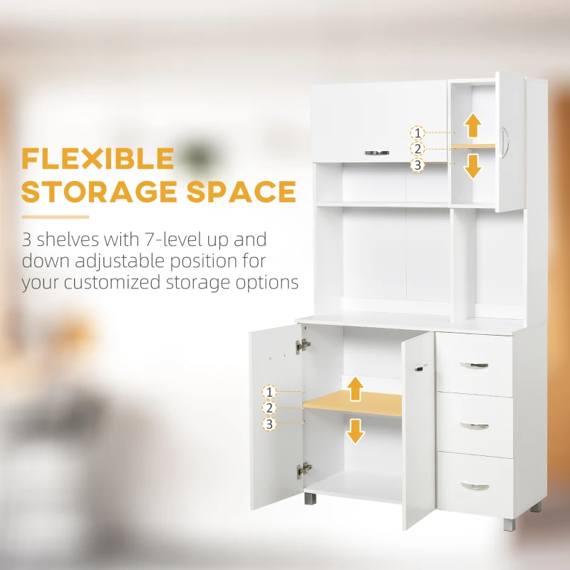 HOMCOM Freestanding Kitchen Cupboard, Microwave Cabinet with Storage Cabinet and Adjustable Shelves, Drawers, 183cm, White