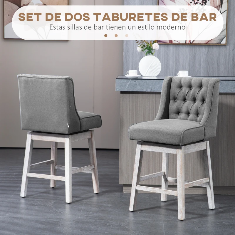 HOMCOM Juego de 2 Taburetes de Bar con Respaldo Taburetes Altos de Cocina Giratorios 180° Patas de Madera 46x57x101 cm Gris