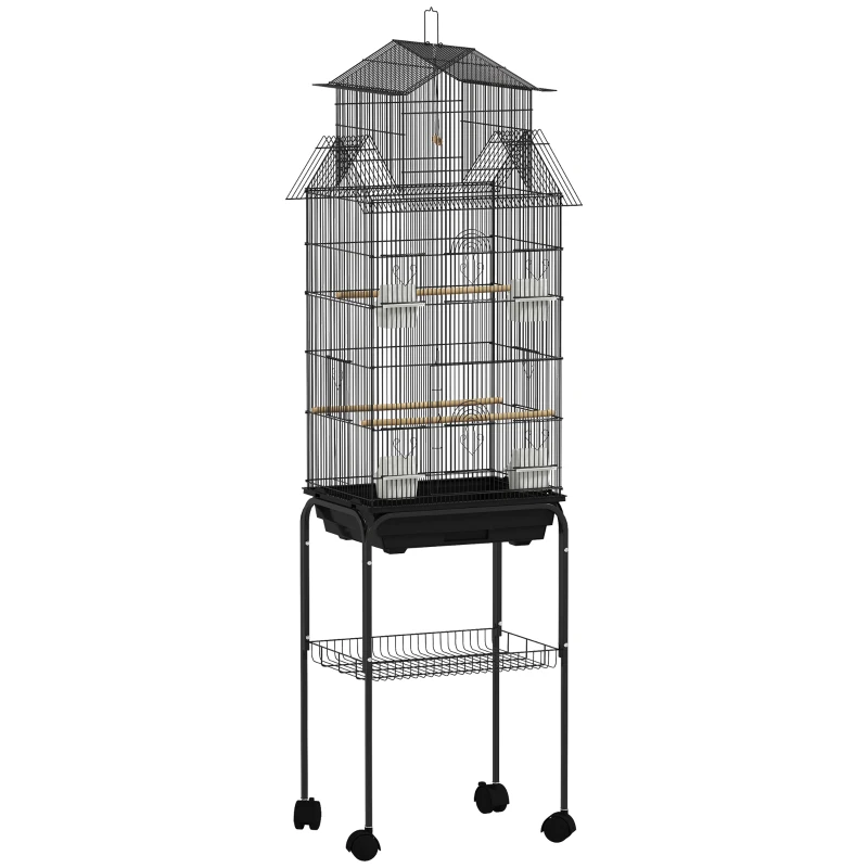 PawHut Cage à oiseaux sur pied, volière sur roulettes avec balançoire, support, design maison, 50,5 x 41 x 163 cm en acier noir