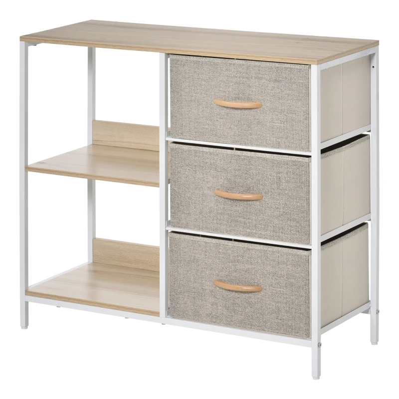 HOMCOM Cassettiera in Tessuto Cassettiera in Tessuto con 3 Cassetti Pieghevoli e 2 Ripiani Aperti 80x29x71 cm Legno Naturale e Grigio Chiaro