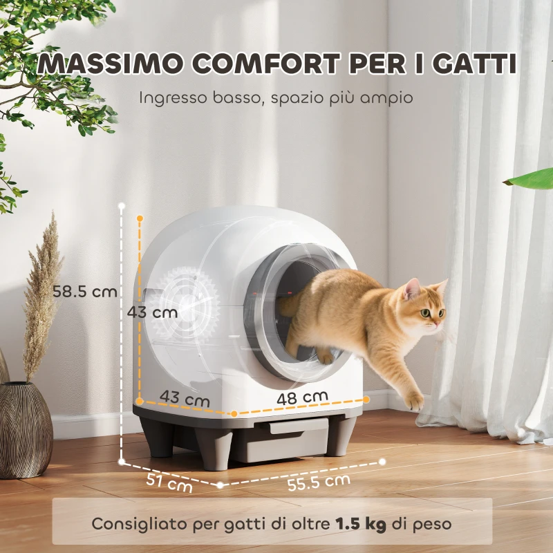 PawHut Lettiera Autopulente per Gatti 1-5 kg con Box per Fragranza e Sacchetti, in PP, 55.5x51x58.5 cm, Bianco e Grigio