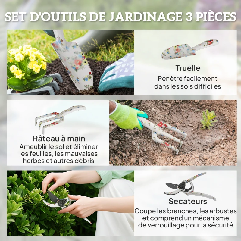 Outsunny Ensemble d'outils de jardinage 3 pièces en aluminium avec sécateur, truelle de jardin, râteau à main, idéal pour taille