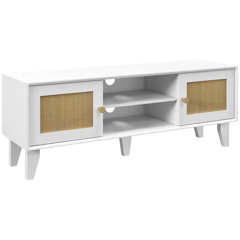 HOMCOM Mueble de TV de Salón Mesa para Televisores de hasta 55" con 2 Puertas de Ratán Estante Ajustable 120x35x46 cm Blanco