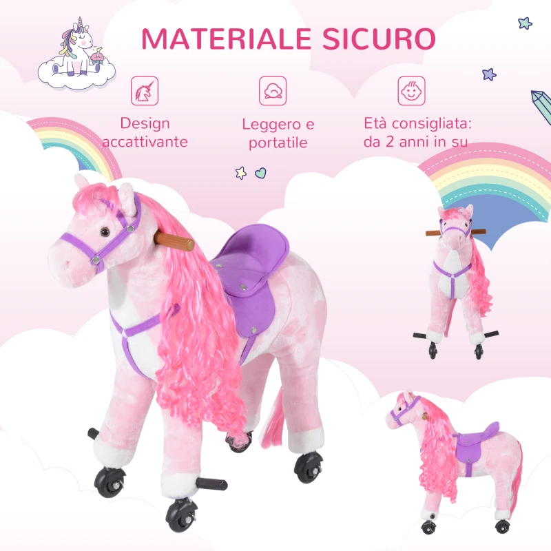 HOMCOM Cavallo a Dondolo per Bambini 2+ Anni con 4 Rotelle, Suoni Realistici e Poggiapiedi, 65x28x75 cm, Rosa