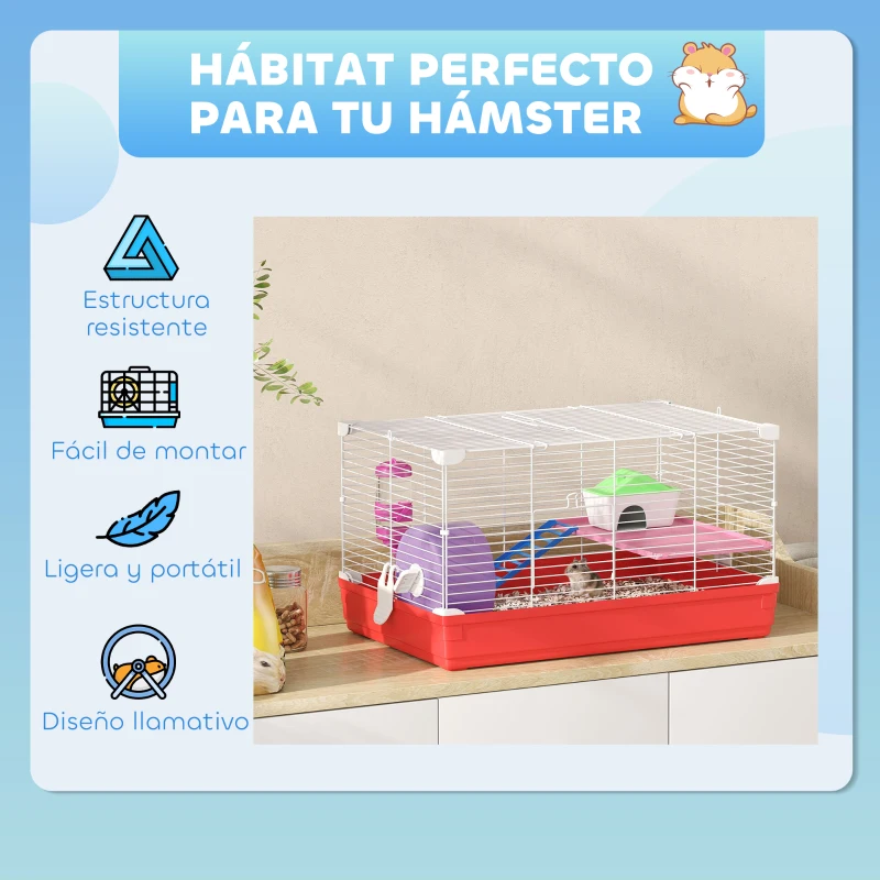 PawHut Jaula para Hámster con Plataforma con Caseta Comedero Bebedero y Rueda de Ejercicio 47x30x27 cm Blanco y Rojo