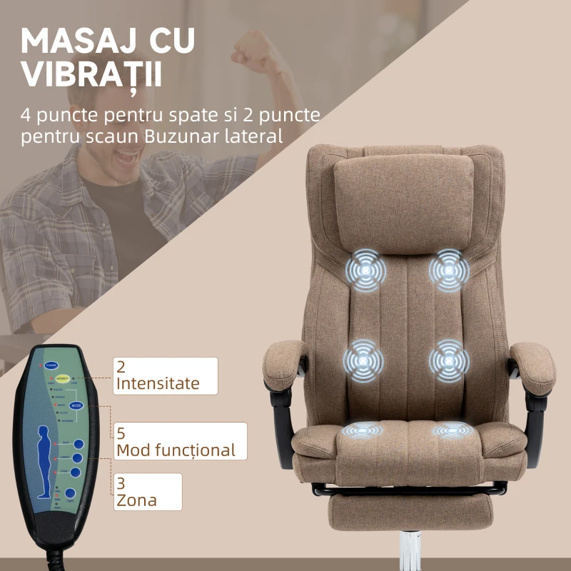 Vinsetto Scaun Rabatabil pentru Birou cu 6 Puncte și 5 Moduri de Masaj, Tetieră și Telecomandă, 65x61x105-113 cm, Maro(m-4)