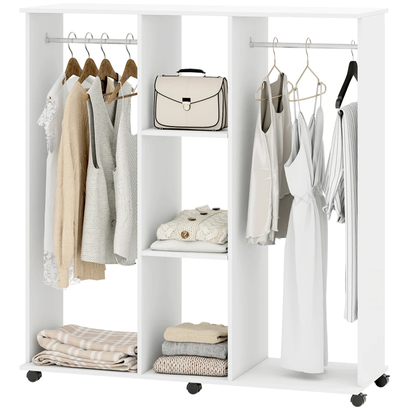 HOMCOM Armoire penderie meuble de rangement mobile 6 roulettes 120 x 40 x 128 cm en bois blanc