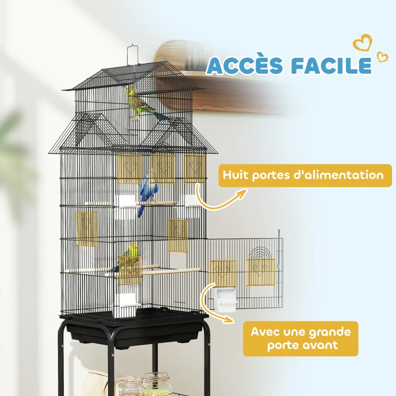 PawHut Cage à oiseaux sur pied, volière sur roulettes avec balançoire, support, design maison, 50,5 x 41 x 163 cm en acier noir