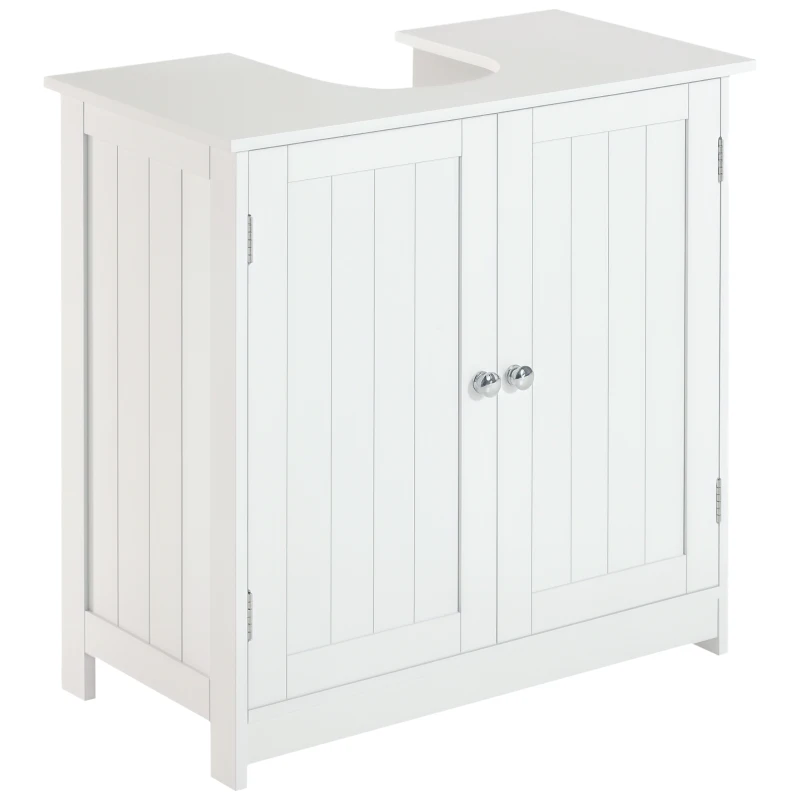 HOMCOM Waschbeckenunterschrank Badschrank mit verstellbarer Ablage Unterschrank mit 2 Türen Badmöbel Waschbecken Badezimmerschrank Siphon-Ausschnitt Landhausstil Weiß L60 x T30 x H60 cm