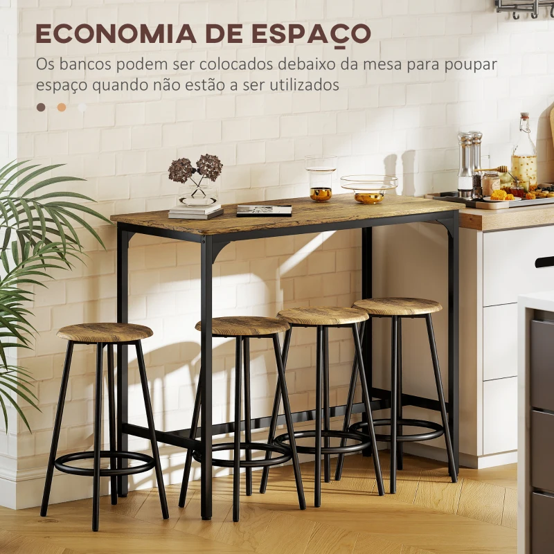 HOMCOM Conjunto de Móveis Altos de Bar com 5 Peças Mesa de Refeição Industrial e 4 Bancos Redondos Marrom Rústico e Preto