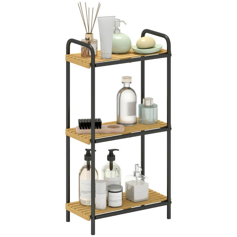 HOMCOM Mensola da Bagno in Bambù con 3 Ripiani Aperti Design a Doghe e Struttura in Acciaio 41,5x21,5x77,5 cm Naturale