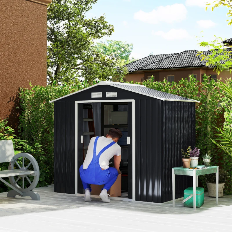 Outsunny 7 x 4ft Weatherproof Shed, Outdoor Bike Storage Shed with Ventilation Slots, Foundation Kit and Lockable Double Doors, Dark Grey