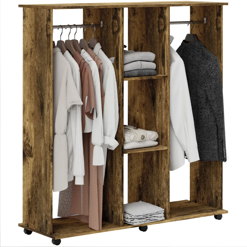 HOMCOM Armoire penderie meuble de rangement mobile 6 roulettes 120 x 40 x 128 cm en bois marron