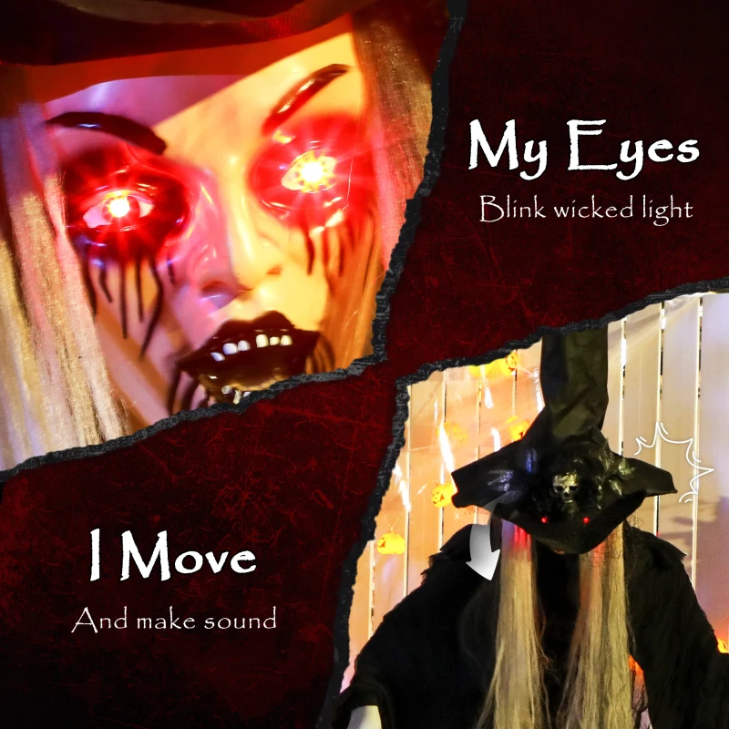 Outsunny 170 cm Life Size Halloween Animated Standing Witch & Staff with Glowing LED Eyes, Spooky Witch Scary Halloween Decorations, Battery Operated, Indoor Party Props