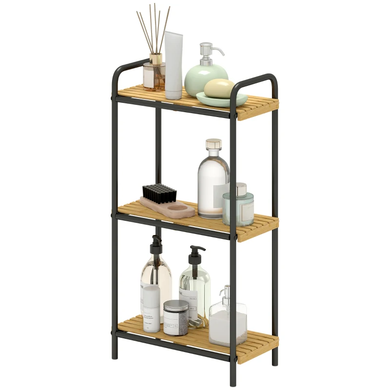 HOMCOM Bambus Badezimmerregal mit 3 offenen Regalen Lamellendesign und Stahlstruktur 41,5x21,5x77,5 cm Natur