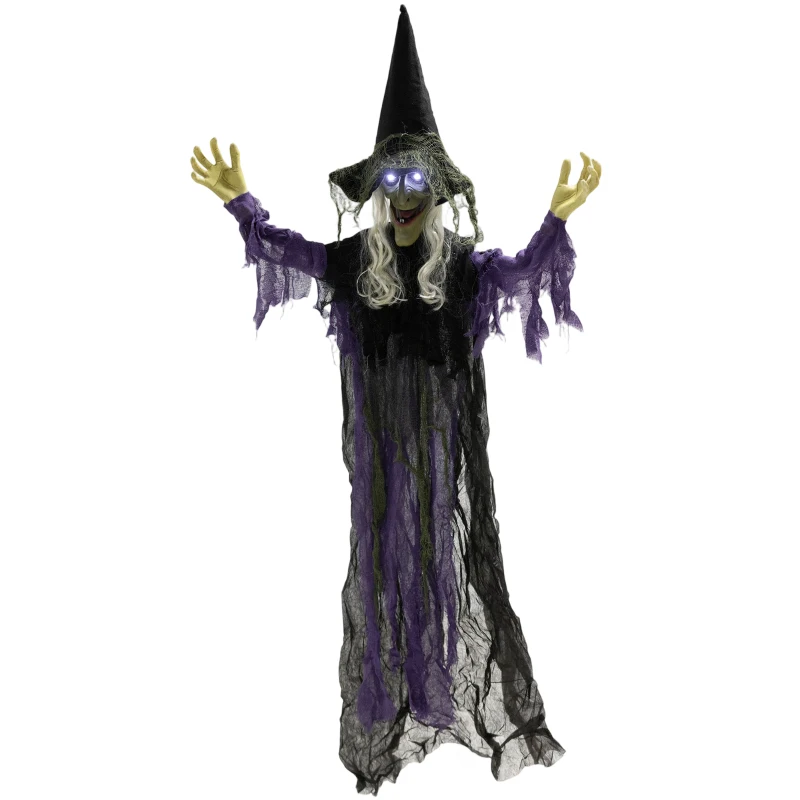 Outsunny 183cm Halloween Dekoration Hängende Halloween Hexe mit LED-Lichter, Soundfunktion verstellbare Arme, Mund