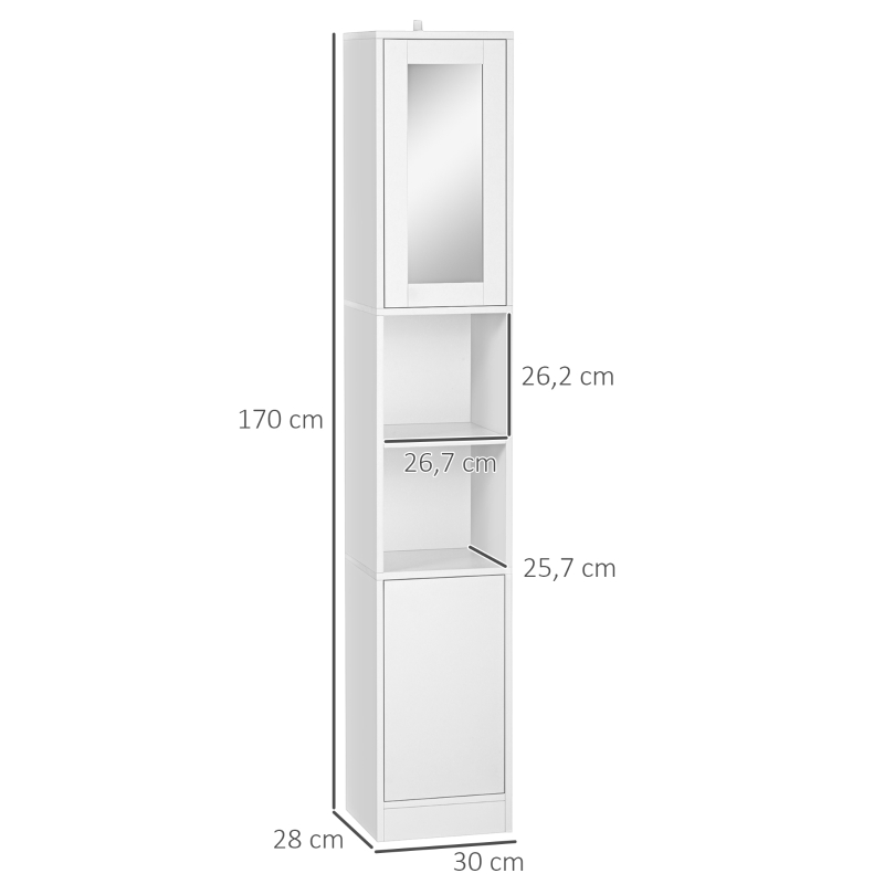 kleankin Armoire salle de bain haute, meuble de rangement colonne avec miroir, 2 portes, étagères réglables, 30x28x170cm, blanc