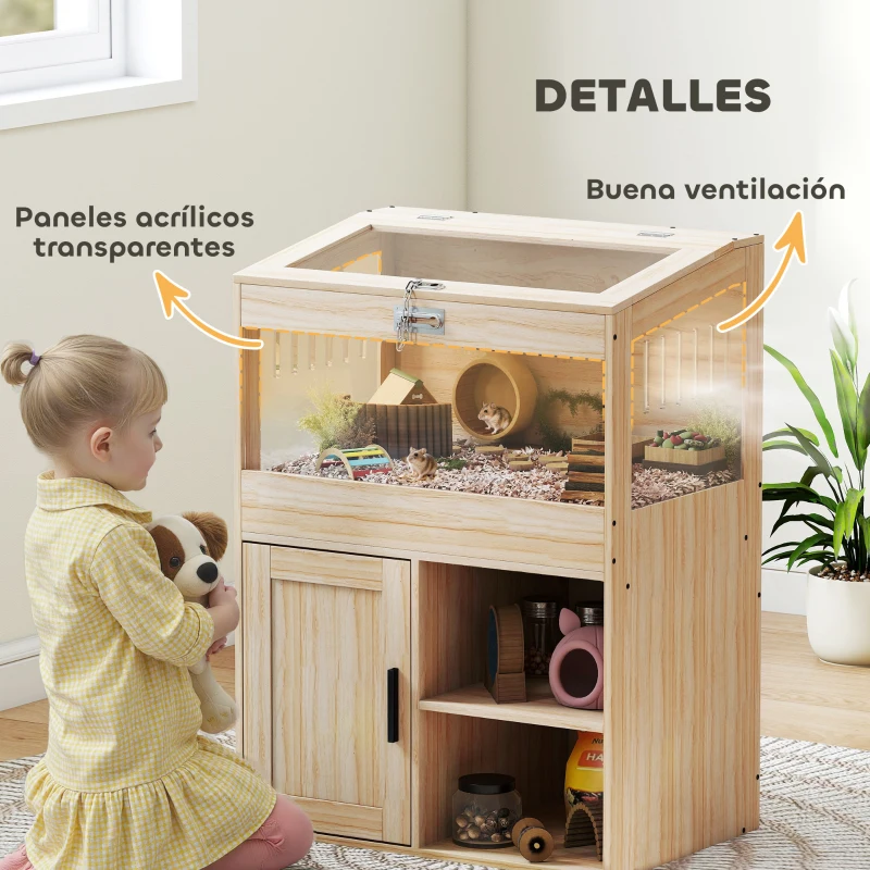 PawHut Jaula para Hámster con Espacio de Almacenaje Paneles Acrílicos Visibles Estante Ajustable 60x40x82,5 cm Natural