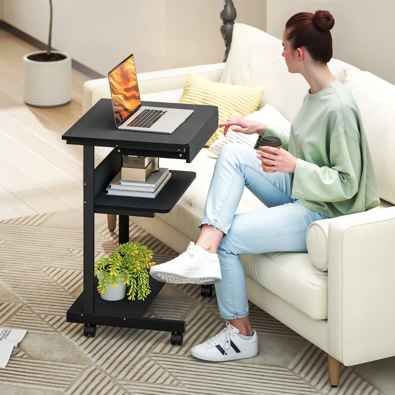 HOMCOM Scrivania PC con Cassetto Scorrevole, 2 Ripiani e 4 Rotelle, in Legno e Metallo, 56x51x79 cm, Nero