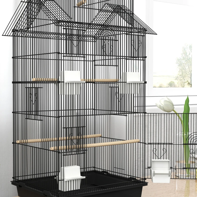PawHut Vogelkäfig im Design eines Hauses mit Futtertrögen, Sitzstangen, Türen, abnehmbarer Kotwanne, Griff zum Transport 50,5x41x163cm schwarz