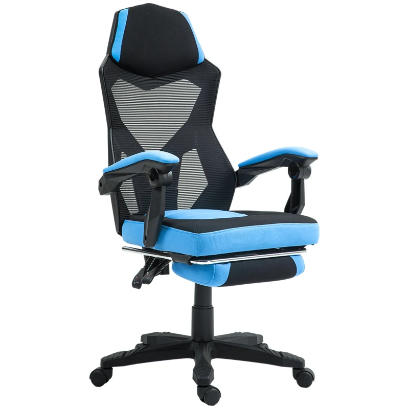 Vinsetto Silla Gaming con Reposapiés Altura Regulable y Respaldo Reclinable 135° 58x63x112-122 cm Azul y Negro