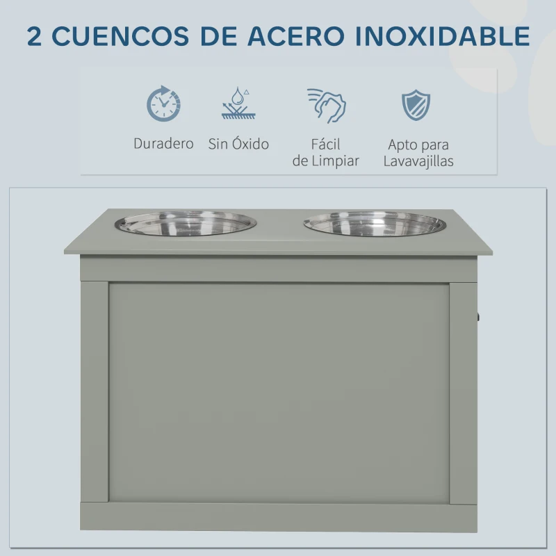 PawHut Comedero Elevado para Perros Grandes con 2 Cuencos de 2000ml y Almacenamiento Oculto 60x30x41 cm Gris