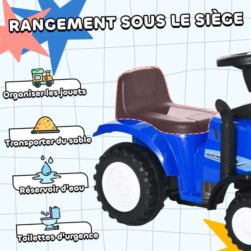HOMCOM Porteur tracteur enfants avec coffre amovible, râteau et pelle, voiture enfants avec lumière LED et klaxon, bleu