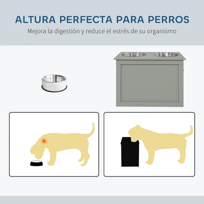 PawHut Comedero Elevado para Perros Grandes con 2 Cuencos de 2000ml y Almacenamiento Oculto 60x30x41 cm Gris