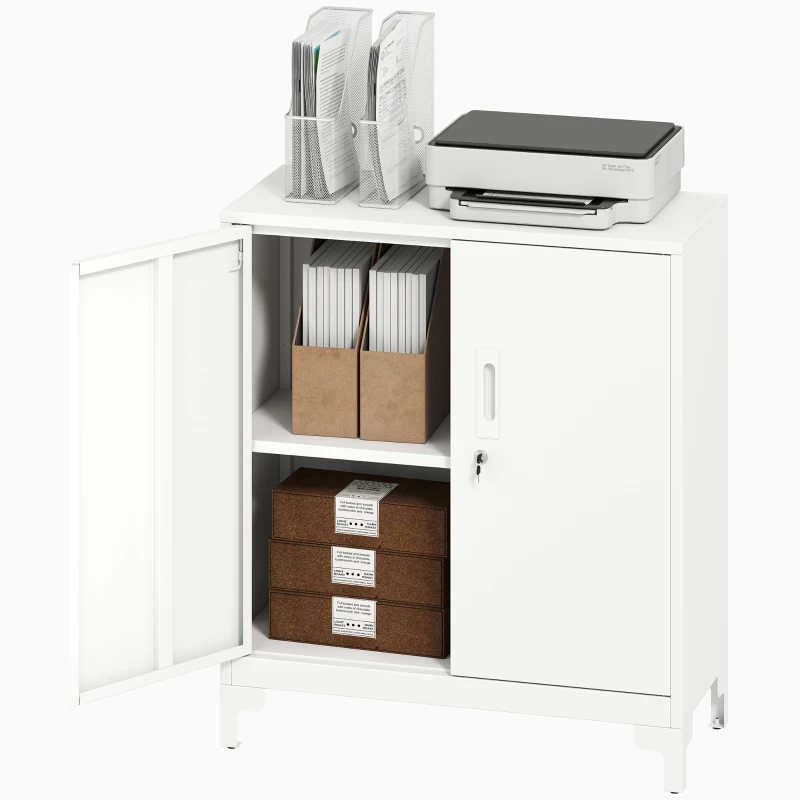 HOMCOM Armoire de bureau en métal, portes verrouillables, commode de bureau, design à 2 niveaux, Blanc