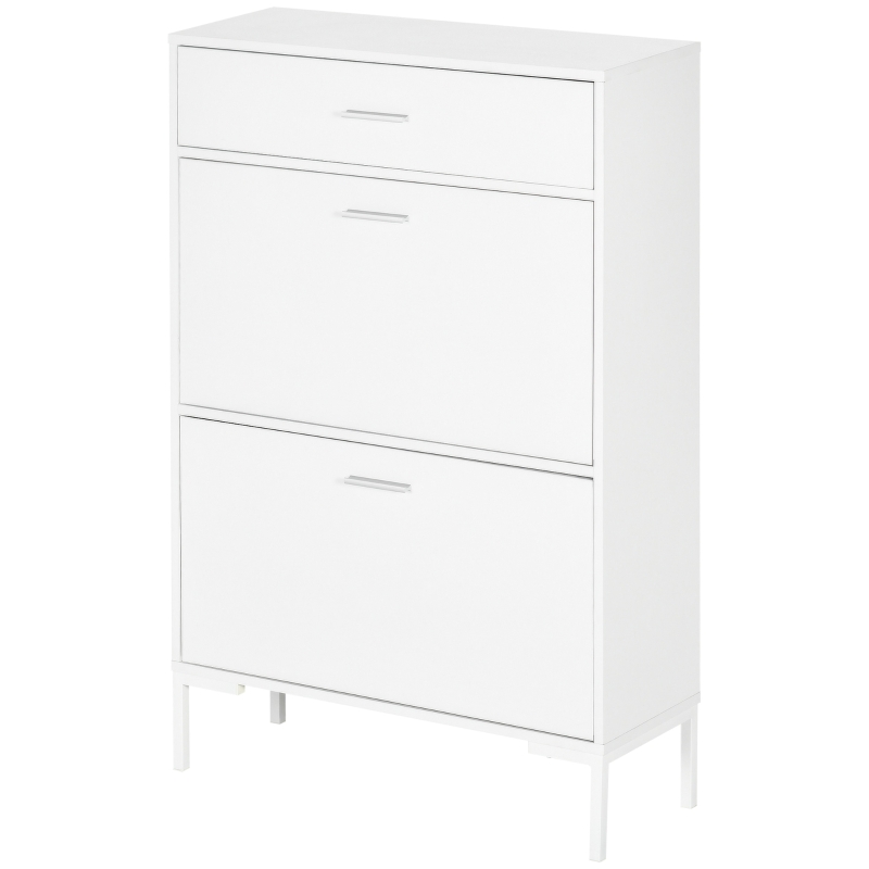 HOMCOM Meuble à chaussures 12 paires, armoire à chaussures étroite 2 tiroirs rabattables et 1 tiroir 75 x 26 x 110 cm, blanc
