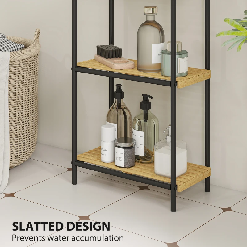 HOMCOM 3-Tier Bamboo Bathroom Storage Shelf, Freestanding Narrow Shelving Unit with Slatted Shelves for Kitchen Bathroom Living Room, 41.5 x 21.5 x 77.5 cm, Natural and Black