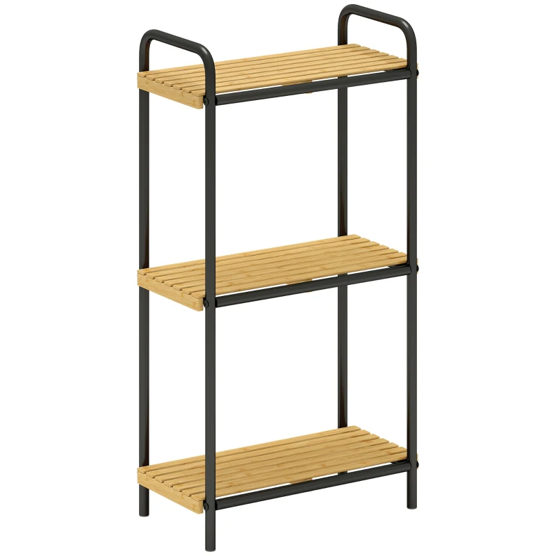 HOMCOM Estantería de Baño de Bambú con 3 Baldas Abiertas Diseño de Lamas y Estructura de Acero 41,5x21,5x77,5 cm Natural