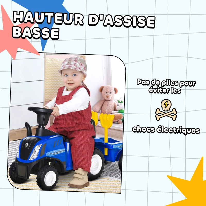 HOMCOM Porteur tracteur enfants avec coffre amovible, râteau et pelle, voiture enfants avec lumière LED et klaxon, bleu