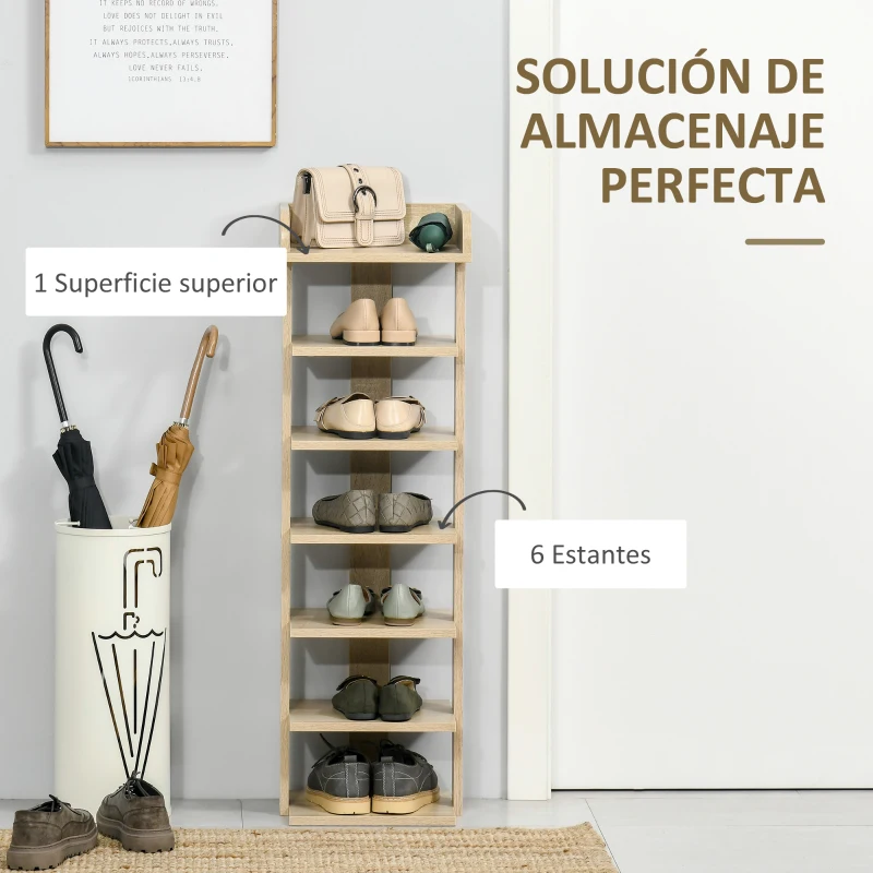 HOMCOM Zapatero Estrecho de 7 Niveles Capacidad de 6 Pares de Zapatos para Entrada Dormitorio y Pasillo 32x30x104 cm Roble
