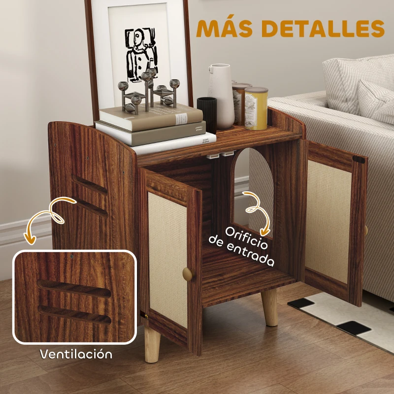 PawHut Mueble Arenero para Gatos Mesa Auxiliar con Puertas con Esteras de Sisal para Salón Dormitorio 55x43x59,6 cm Marrón