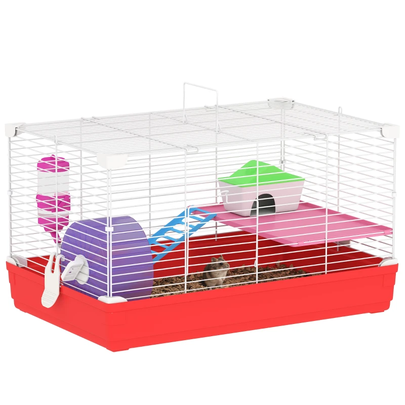 PawHut Cusca pentru Hamsteri cu 2 Nivele din Metal si PP cu Casuta, Rezervor de apa, Roti si Farfurioare, 47x30x27 cm, Rosu si Alb