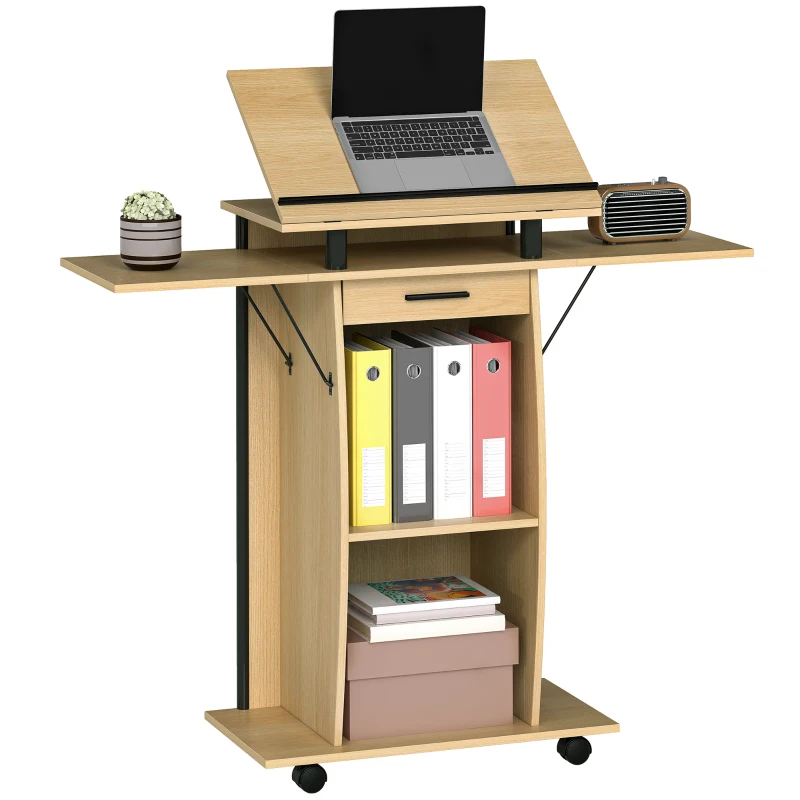 HOMCOM Podio con Ruote, Podio con Pannelli Laterali Pieghevoli, Tavolo per Laptop con Cassetto e Ripiani, Finitura Rovere