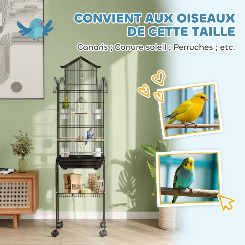 PawHut Cage à oiseaux sur pied, volière sur roulettes avec balançoire, support, design maison, 50,5 x 41 x 163 cm en acier noir