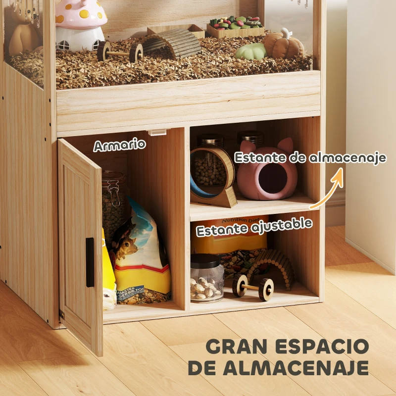 PawHut Jaula para Hámster con Espacio de Almacenaje Paneles Acrílicos Visibles Estante Ajustable 60x40x82,5 cm Natural