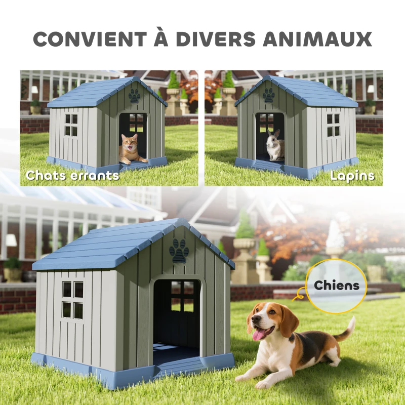 PawHut Niche pour chien extérieur maison chien extérieur bouches d'aération et plancher suréleveé 85 x 79 x 82 cm bleu